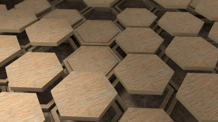 Poster - 3D rendering of dozens of wooden hexagons in wooden frames. Geometric shapes are placed in different positions. Abstract desktop background, geometric style background image.