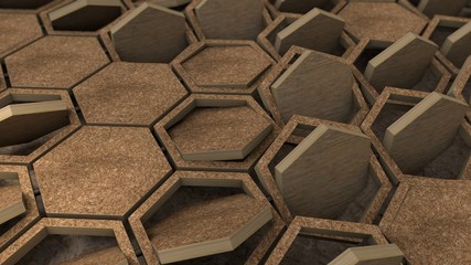 Poster - 3D rendering of dozens of wooden hexagons in wooden frames. Geometric shapes are placed in different positions. Abstract desktop background, geometric style background image.