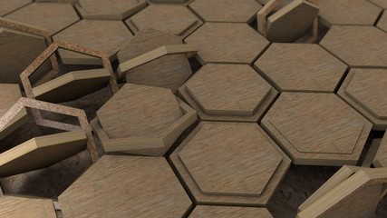 Poster - 3D rendering of dozens of wooden hexagons in wooden frames. Geometric shapes are placed in different positions. Abstract desktop background, geometric style background image.