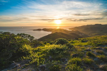 Beautiful scenic sunset view over Marin Headlands and the Pacific Ocean near San Francisco, California, USA