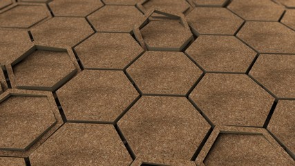 Poster - 3D rendering of dozens of wooden hexagons in wooden frames. Geometric shapes are placed in different positions. Abstract desktop background, geometric style background image.
