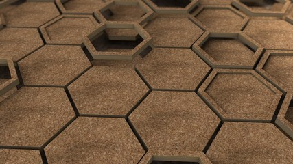 Poster - 3D rendering of dozens of wooden hexagons in wooden frames. Geometric shapes are placed in different positions. Abstract desktop background, geometric style background image.