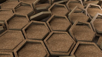 Poster - 3D rendering of dozens of wooden hexagons in wooden frames. Geometric shapes are placed in different positions. Abstract desktop background, geometric style background image.