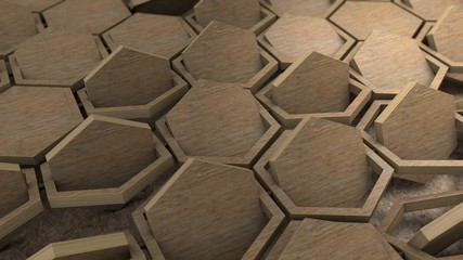 Poster - 3D illustration of a set of wooden hexagons, unfolded along the axis. Background abstract image for desktop, Wallpaper, geometric composition of the same wooden products. 3D rendering