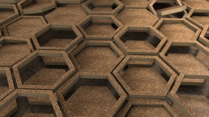 Poster - 3D rendering of dozens of wooden hexagons in wooden frames. Geometric shapes are placed in different positions. Abstract desktop background, geometric style background image.