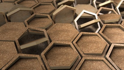 Poster - 3D illustration of a set of wooden hexagons, unfolded along the axis. Background abstract image for desktop, Wallpaper, geometric composition of the same wooden products. 3D rendering