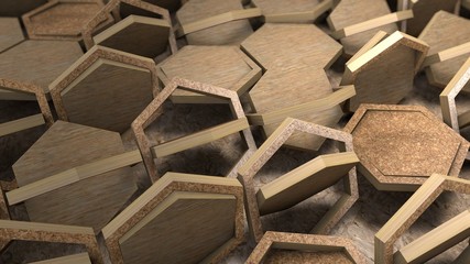Poster - 3D illustration of a set of wooden hexagons, unfolded along the axis. Background abstract image for desktop, Wallpaper, geometric composition of the same wooden products. 3D rendering
