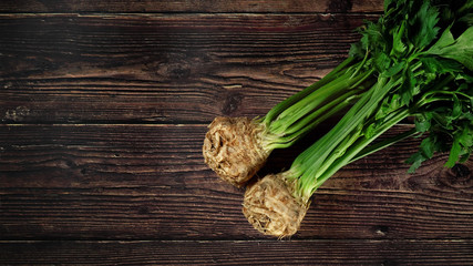 Two fresh celery roots with green leaves on dark wooden board, view from above, space at left side