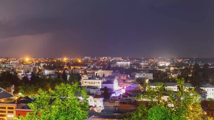 Wall Mural - timelapse with Panoramic summer view of the city of Kutaisi, Georgia. River Rioni and old houses with Red roofs. night thunderstorm over Kutaisi and Mountains in the distance.