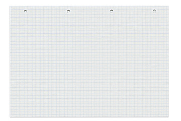 Notebook paper lined sheet isolated on white background. Empty white notepad page with blue grid lines and holes texture