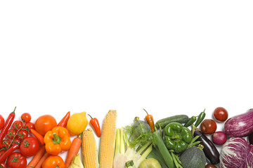 Many different fresh vegetables on white background, top view