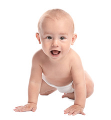 Sticker - Cute little baby crawling on white background