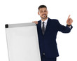 © New Africa - Professional business trainer near flip chart board on white background. Space for text