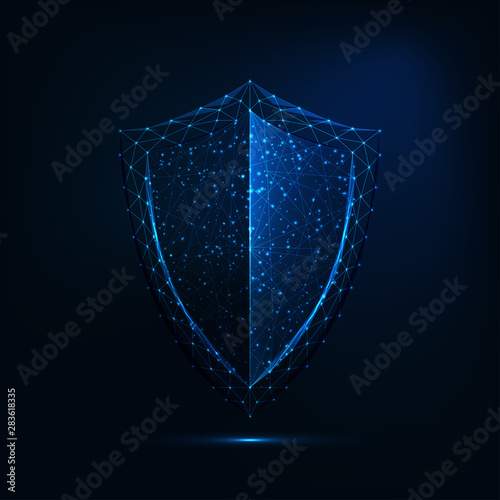 Fotografía Futuristic glowing low polygonal guard shield symbol isolated on dark blue background