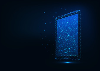 Wall Mural - futuristic glowing low polygonal tablet isolated on dark blue background.