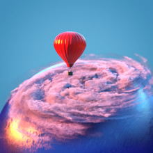 Hot Air Balloon Flies Above The Clouds Around The Earth