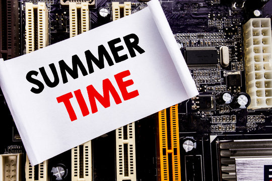 Word, writing Summer Time. Business concept for Holiday Travel Welcome Written on sticky, computer main board background.