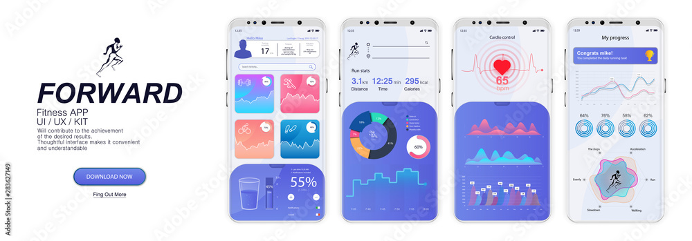 Fitness App Screens, UI, UX, KIT, GUI in flat style. Mock up mobile app ...