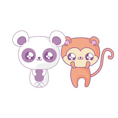 Poster - panda bear with monkey baby animals kawaii style