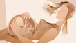 Loving mother, mommy taking care of the growing fetus in her belly. Obstetrics, Fertility, Prenatal Conceptual Illustration. Brown background.