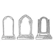 Set Of Tomb Stone Drawing. Grave For Dead As Halloween Tombstones Prop. Hand Drawn Gravestone. Vector.