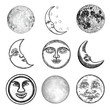 © desertsands - Large set of different moon styles. Hand drawn sketch of crescent and fool moon with human like face or planet in black and white, isolated. Detailed antique vintage style