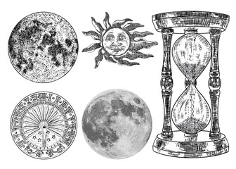 Wall Mural - set of sundial, sun clock, hourglass or sand clock and realistic moon with sun engraving. hand drawn