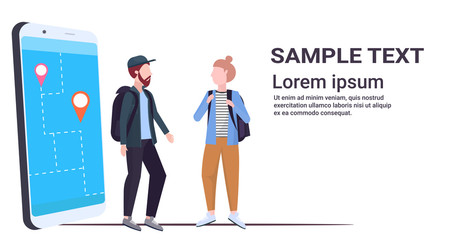 Poster - tourists couple using mobile navigation app with location marker walking road on smartphone screen travelers using gps to find destination flat full length horizontal copy space