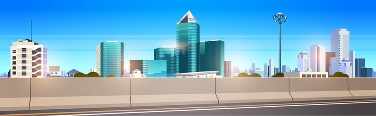 Wall Mural - highway asphalt road with chipper city skyline modern skyscrapers cityscape background flat horizontal banner