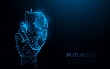 Poster - Bionic medical hand prosthesis, holding bite of apple. Metallic robot arm internal human. Future technology concept