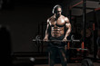 © Fotokvadrat - Muscular athletic bodybuilder fitness model training arms with barbell in gym. Concept sport photo of exercises in gym