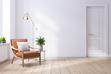 modern mid century and minimalist interior of living room ,leather armchair with table on white wall