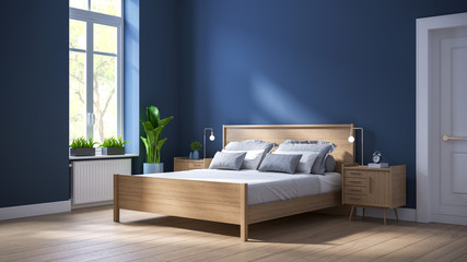 modern scandinavian interior of bedroom ,wood bed and bedside table on dark blue wall and wood floor
