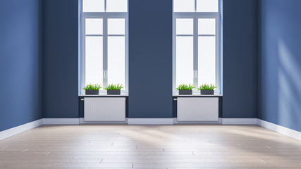 Modern interior empty room, Scandinavian Style ,wood flooring and blue wall  ,3d rendering