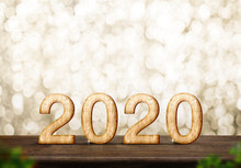 Happy New Year 2020 (3d Rendering) On Dark Brown Wood Table At Gold Sparkle Bokeh Abstract Background With Blur Leaf Foreground,holiday Greeting Card.