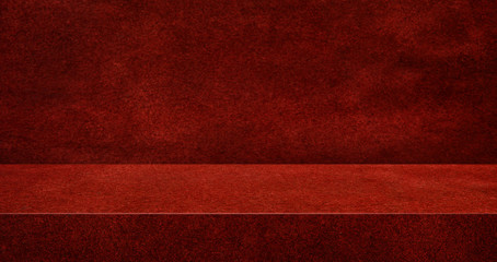 Aufkleber - red suede leather texture table product display background.3d perspective studio photography stand.banner mokc up space for showcase product.empty countertop backdrop.buseiness presentation for ads.
