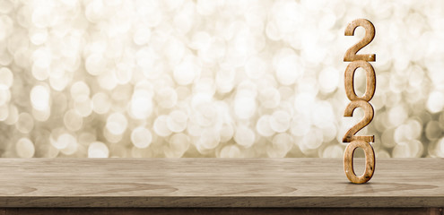Aufkleber - Happy New Year 2020 wood with sparkling star on brown wood table with gold bokeh background,Holiday festive celebration concept.Banner mock up for display of product or design content.