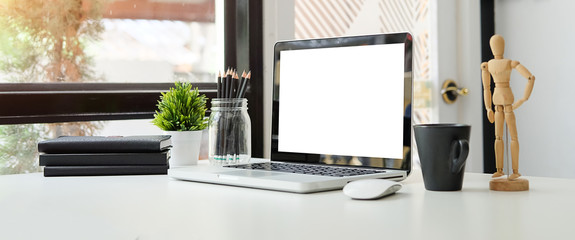 Fototapete - Workspace desk and laptop. copy space and blank screen. Business image, Blank screen laptop and supplies.