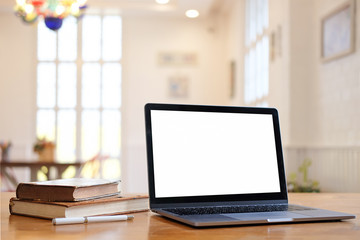 Workspace desk and laptop. copy space and blank screen. Business image, Blank screen laptop and supplies.