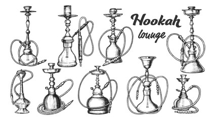Wall Mural - collection of different hookah set ink vector. arabian traditional smoking culture hookah lounge. or
