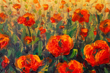 Painting Glade Of Red Large Poppies Flowers In Green Grass Close-up. Floral Landscape Red Poppies - Oil Painting And Palette Knife Illustration Artwork Flower Background.