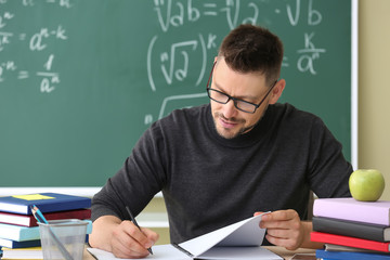 Wall Mural - Handsome male teacher checking homework in classroom