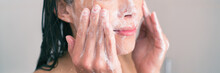 Face Wash Exfoliation Scrub Soap Woman Washing Scrubbing With Skincare Cleansing Product Panoramic Banner.