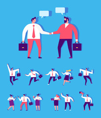 Wall Mural - Business men shake hands. Business agreement and completed the deal with a handshake.Business team competition. Collection of business people characters in different poses. Flat Vector cartoon people.