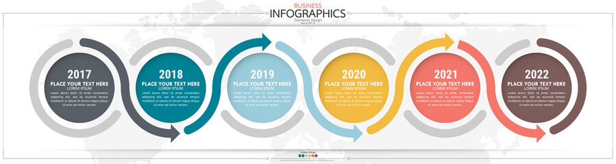 Fototapete - Infographic business horizontal timeline steps process chart template. Vector modern banner used for presentation and workflow layout diagram, web design. Abstract elements of graph options.