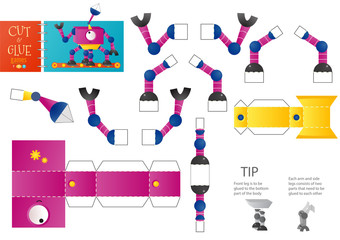 Cut and glue robot toy vector illustration, worksheet. Paper craft and diy model