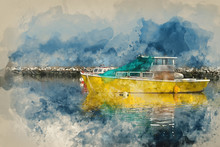Digital Watercolour Painting Of Lovely Vibrant Landscape Image Of Leisure Boats In Harbor