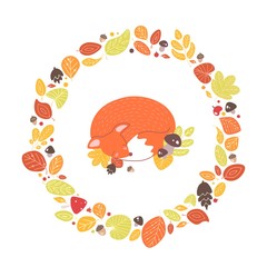 Aufkleber - Fox sleeping inside circular frame or wreath made of fallen leaves, acorns, cones