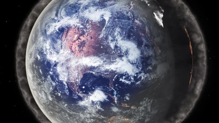 Wall Mural - thick pollution cloud surrounding the planet earth as it rotates in space then clean area expanding 