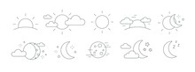 Collection Of Rising Or Setting Sun, Moon Phases, Clouds And Stars Symbols. Bundle Of Day And Night Time Pictograms Drawn With Black Contour Lines On White Background. Monochrome Vector Illustration.